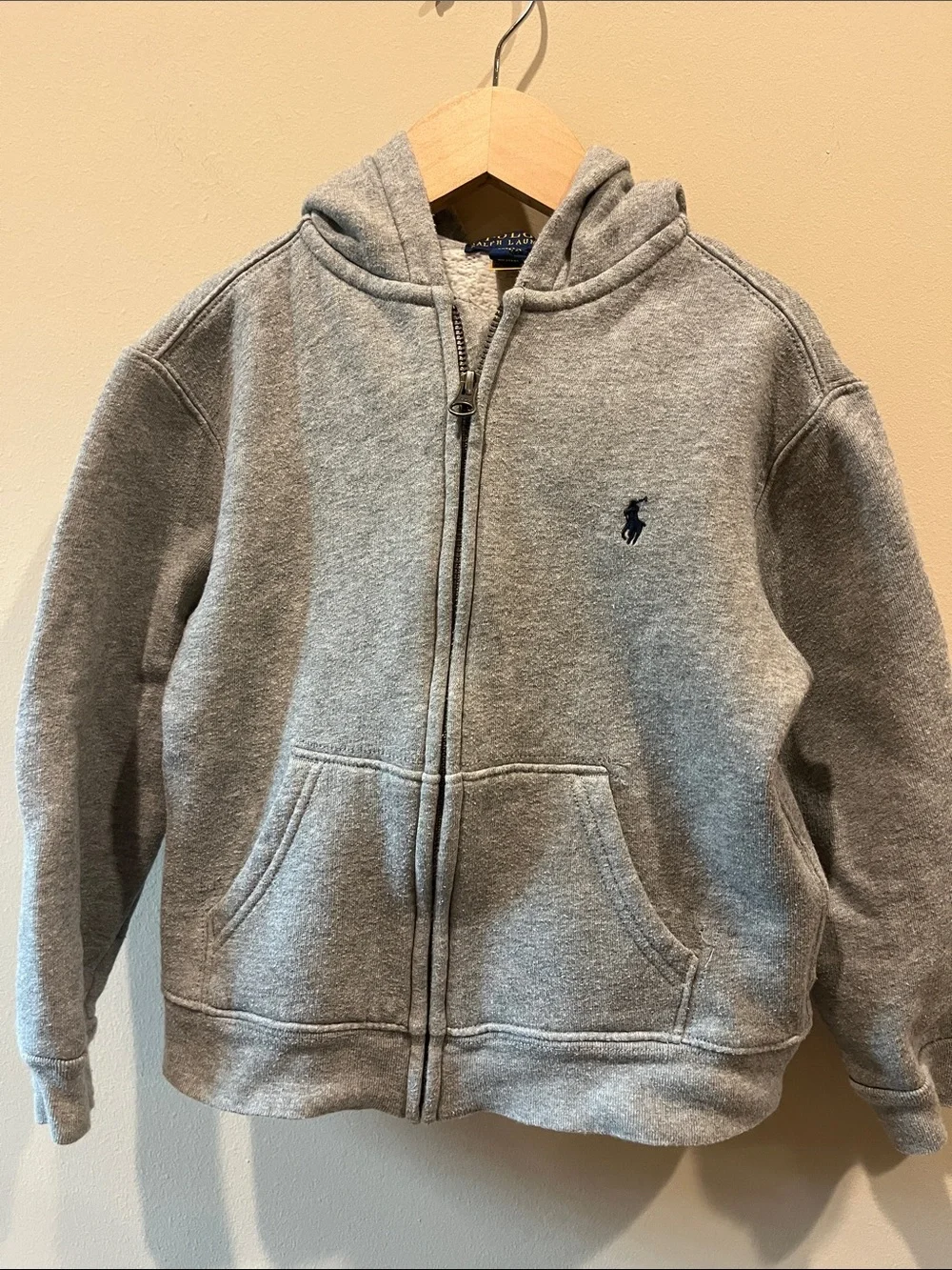 Ralph Lauren Kids Light Gray Full-Zip Hoodie with Navy Pony